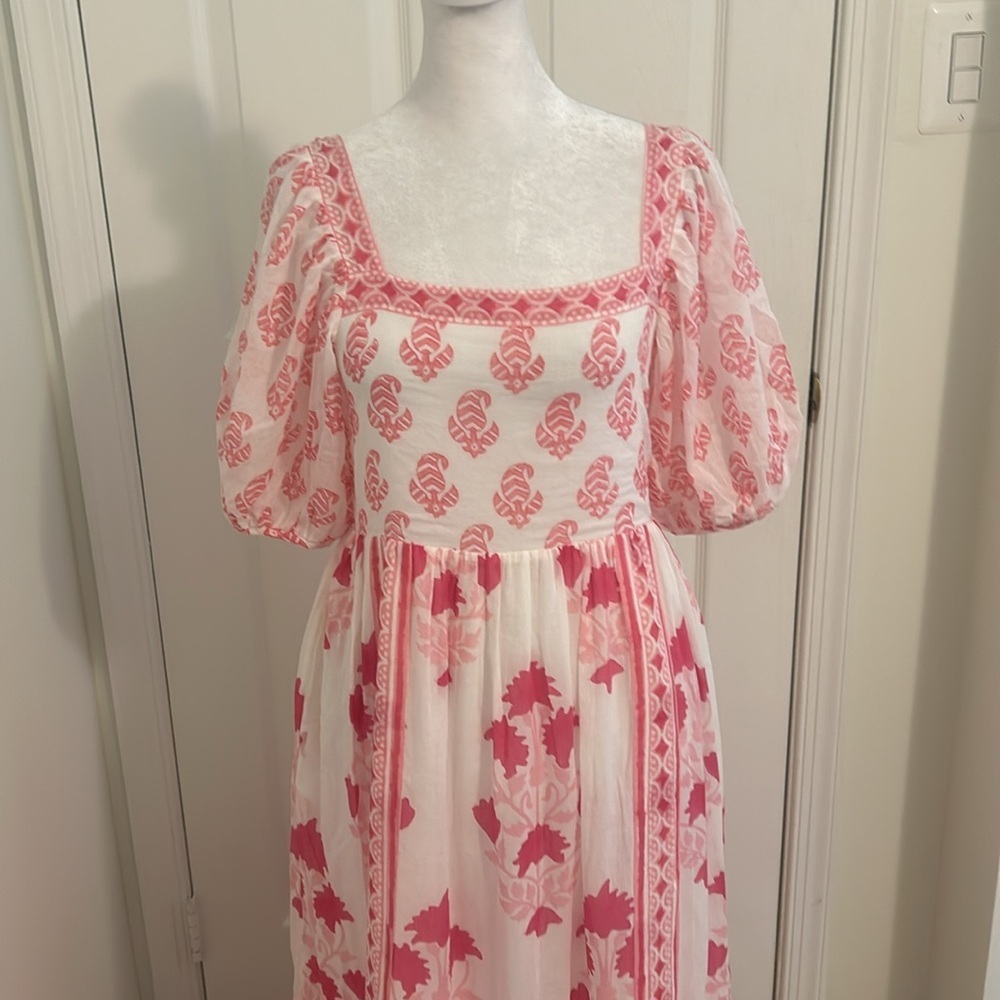Tuckernuck Oliphant Puff Sleeve Midi Dress in Jaipur Pink & White NWT Size XS - Picture 8 of 14
